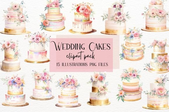 Download Watercolor Wedding Cakes, Gold Floral - Premium Bundle